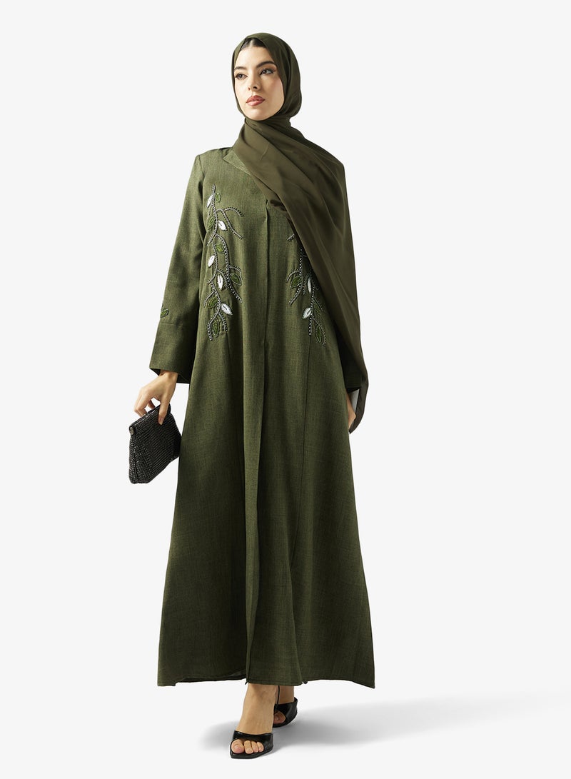 hayas closet Floral Embellished Open Front Lapel Collar Abaya - Image 1